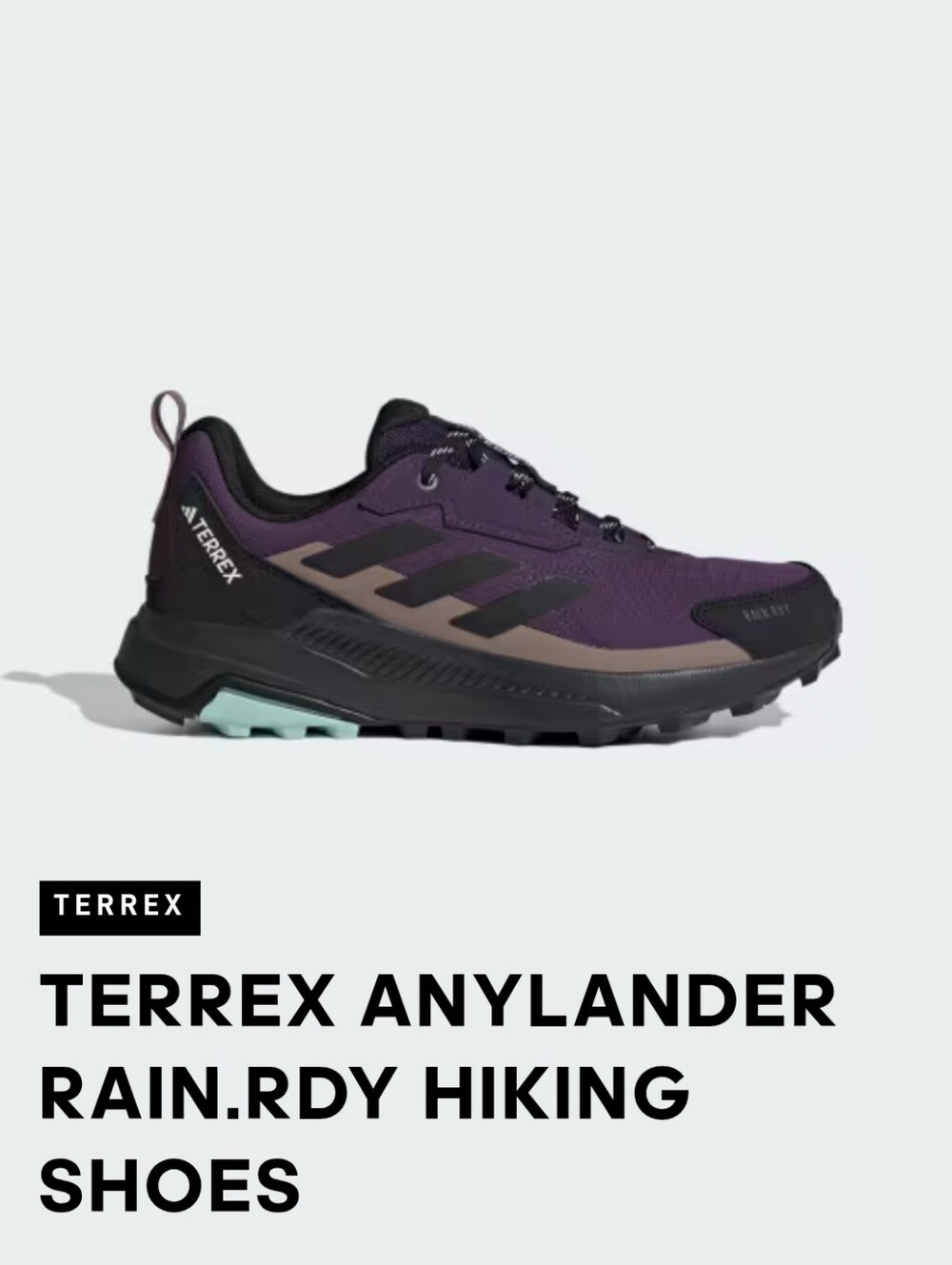 ADIDAS Terrex Anylander Rain.Rdy Hiking Shoes, New, Size 9.5, Purple
